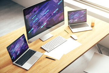 Aufkleber - Modern computer display with abstract software development hologram and world map, global research and analytics concept. 3D Rendering