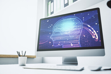 Aufkleber - Modern computer monitor with creative artificial Intelligence symbol. Neural networks and machine learning concept. 3D Rendering