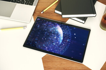 Poster - Modern digital tablet display with abstract creative world map, research and analytics concept. Top view. 3D Rendering