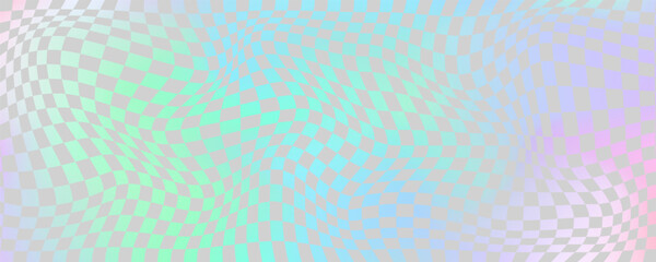 Poster - Checkerboard wavy pattern. Abstract holographic chessboard vector print. Y2k psychedelic optical foil grid. Swirl rainbow geometric retro design