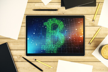 Aufkleber - Modern digital tablet monitor with creative Bitcoin symbol. Cryptocurrency concept. Top view. 3D Rendering