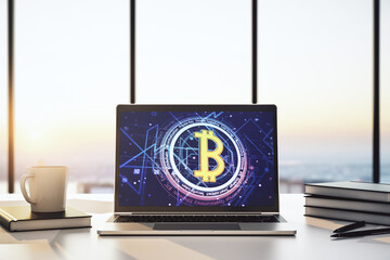Aufkleber - Creative Bitcoin concept on modern laptop screen. 3D Rendering