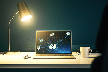 Aufkleber - Creative abstract question mark sketch on modern laptop monitor, FAQ and research concept. 3D Rendering