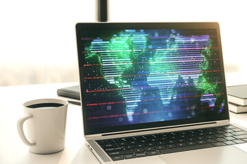 Poster - Abstract graphic world map on modern laptop screen, connection and communication concept. 3D Rendering