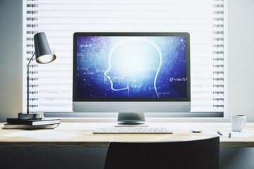 Poster - Creative artificial Intelligence concept with human head hologram on modern laptop screen. 3D Rendering