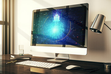 Poster - Creative light bulb illustration with microcircuit on modern computer monitor, future technology concept. 3D Rendering