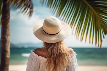 Wall Mural - young beautiful woman wearing a white dress and a straw hat sitting on a beach - rear view travel concept (Generative AI)