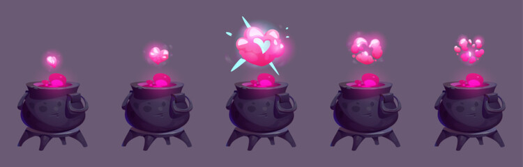 Aufkleber - Pink magic witch pot animation cartoon sprite. Heart steam cloud above love potion in cauldron vector illustration. Spritesheet sequence with bubble boiler and mystery hot witchcraft evaporation