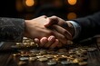 Two business individuals seal a deal, shaking hands above a backdrop of coins, signifying a fruitful financial agreement and mutual profit.