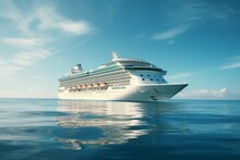 Majestic Cruise Ship Glides Gracefully Over Tranquil Azure Waters, Its Silhouette Etched Against A Pastel Sunset, Promising Adventure And Luxury, As Serenity Envelops The Vast Ocean Horizon.

