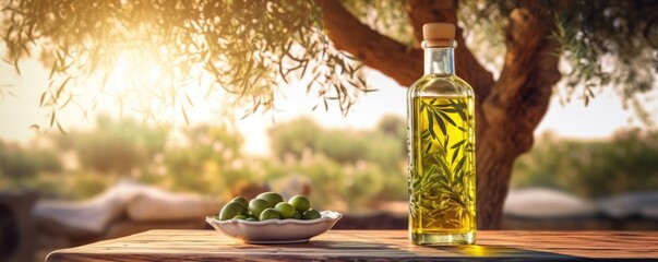 Glass bottle with olive oil and olive wood table in olive grove sun light. Generative ai