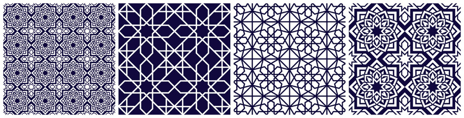 Arabic vector seamless patterns set. Repeated arab background with elegant arabesque. Islamic decorative template texture. Backdrop in eastern style for textile and fabric prints and design