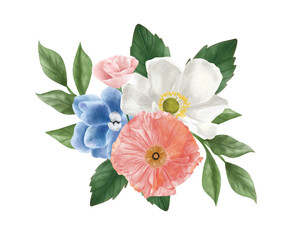 Wall Mural - creative bouquet floral watercolor with blue, pink and white flowers. vintage style. vector floral arrangement design