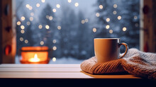 Winter Holidays, Evening Calm And Cosy Home, Cup Of Tea Or Coffee Mug And Knitted Blanket Near Window In The English Countryside Cottage, Holiday Atmosphere
