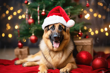 German Shepherd dog wear red santa hat on christmas tree background