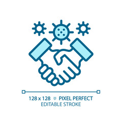 Poster - 2D pixel perfect editable blue handshake with virus icon, isolated monochromatic vector, thin line illustration representing bacteria.