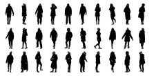 Big Set Vector Detailed Silhouettes Of Group Of Peoples Men And Female In Winter Clothes Isolated On White Background. Vector Illustration