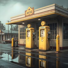Detailed Old Gas Station Vintage Gas Pumps Daytime Street Lights Wet Street Yellow Tone Hdr Cinematography 8k Ar 169 