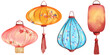 Set of Chinese paper lanterns in orange, red, and blue. Floral patterns adorn the lanterns with golden fringes. Perfect for Chinese New Year or Lantern Festival. Watercolor isolated elements