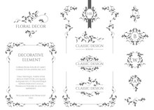 Floral Monograms And Borders, Frames For Cards, Invitations, Menus, Labels. Classic Ornament. Graphic Design Pages.