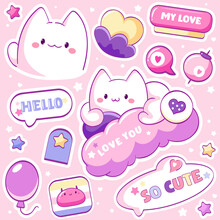 Set Of Stickers With Heart And Little Cat In Kawaii Style. Cute Eye-catching Valentine Day Tag Collection In Pink Colors With Cute Kitty, Bubble Speech, Hearts And Stars. Vector Illustration EPS8