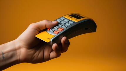 Modern payment terminal and credit cards on yellow background.