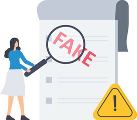 Wall Mural - Fake document, Wrong information verification or fake news inspection, Fraud and illegal reports, inspector using magnifying glass to verify fake document

