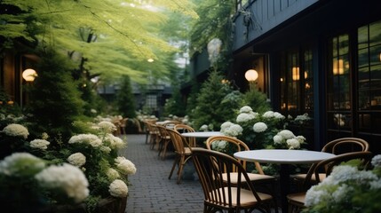 Wall Mural - Outdoor seating and tables with flowers and greenery.
