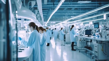 Poster - Scientists doing work on modern machinery in a sterile high-tech manufacturing plant.