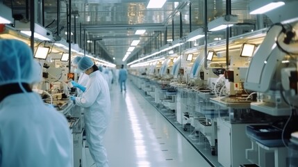 Poster - Scientists doing work on modern machinery in a sterile high-tech manufacturing plant.