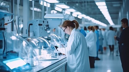 Poster - Scientists doing work on modern machinery in a sterile high-tech manufacturing plant.