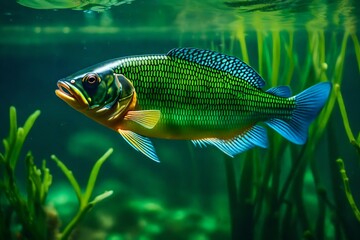 A green beautiful tropical fish under water with plant ife all around.