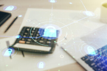 Poster - Virtual creative lock sketch with chip hologram on calculator and pc background, protection of personal data concept. Multiexposure