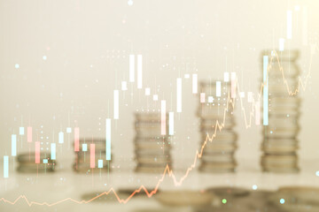 Poster - Double exposure of abstract creative financial chart hologram on growing stacks of coins background, research and strategy concept