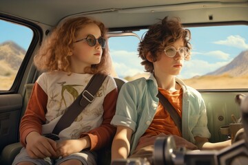 children on a trip in a car. The concept of travel. generative ai.