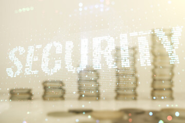 Poster - Virtual cyber security creative concept on stacks of coins background. Double exposure