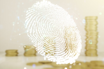 Aufkleber - Multi exposure of virtual graphic fingerprint sketch on coins background, fingerprint scan data concept
