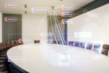 Poster - Double exposure of abstract programming language hologram and world map on a modern meeting room background, research and development concept