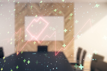 Poster - Abstract virtual heart rate sketch on a modern boardroom background, Medicine and healthcare concept. Multiexposure