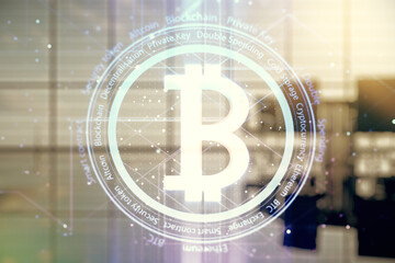 Poster - Virtual Bitcoin hologram on a modern conference room background. Multiexposure