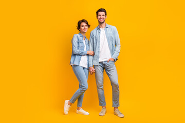 Aufkleber - Full length photo of cheerful optimistic wife husband wear stylish denim family look isolated on yellow color background