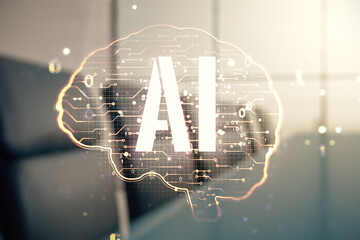 Poster - Virtual creative artificial Intelligence hologram with human brain sketch on a modern conference room background. Multiexposure