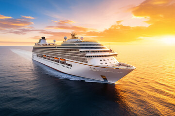 Luxury cruise ship in the ocean sea at sunset. Cruise vacation getaway. Aerial view of cruise ship. Premium liner in Mediterranean. Luxury liner. Luxury tourism travel on summer holiday.