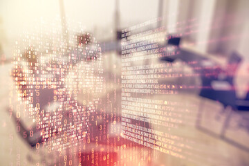 Poster - Abstract virtual code skull illustration on a modern conference room background. Hacking and phishing concept. Multiexposure