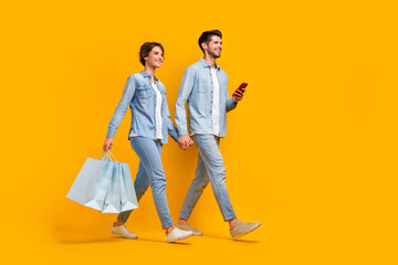 Wall Mural - Photo of two people dating in shopping center browsing smart device isolated bright color background