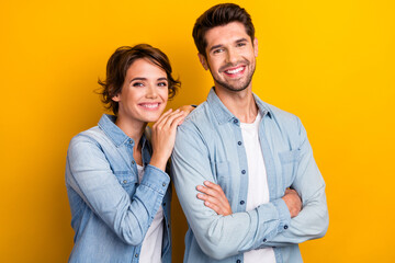 Aufkleber - Photo of positive lovely couple partners have successful family business isolated bright color background