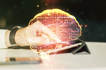 Poster - Double exposure of creative artificial Intelligence symbol with finger clicks on a digital tablet on background. Neural networks and machine learning concept