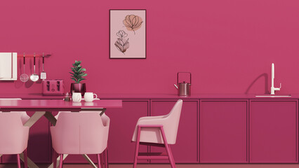 Wall Mural - Viva magenta is a trend colour year 2023 in the kitchen room. Interior of the room in plain monochrome viva magenta color with washing sink, faucet, refrigerator, frame on the wall.3d render