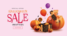 Halloween Sale Text Vector Banner Design. Halloween Special Offer Shopping Discount With Pumpkins And Candies Gift Box Elements Decoration. Vector Illustration Trick Or Treat Promotion Banner.
