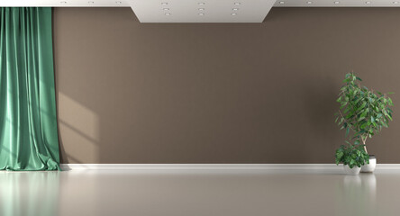 Wall Mural - Empty brown room with green curtain and houseplant